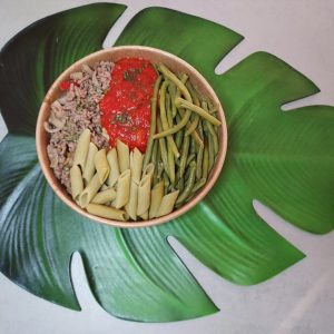 penne petits pois haricots verts boeuf