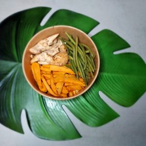 frites patate douce blanc poulet haricots verts